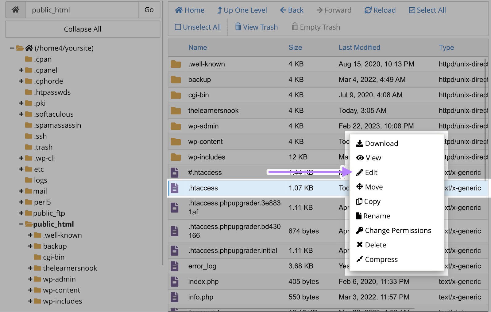 The ".htaccess" file on cPanel right-clicked and "Edit" selected from the options that appear.