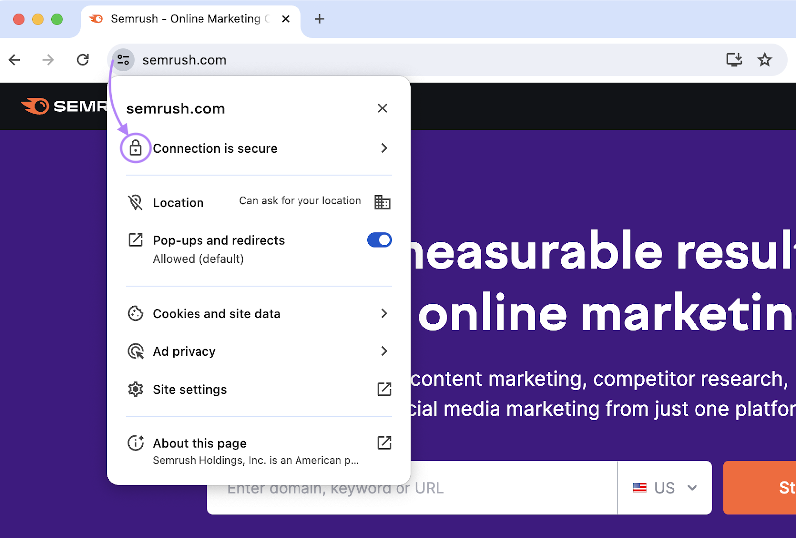 "Connection is secure" padlock next to the "www.sr03.amztoolservice.com" in the browser’s address bar