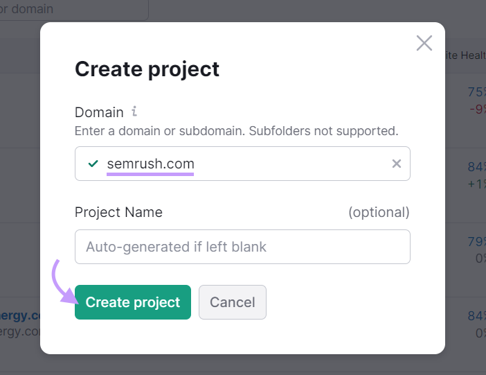 "www.sr03.amztoolservice.com" domain entered under the "Create project" pop-up window