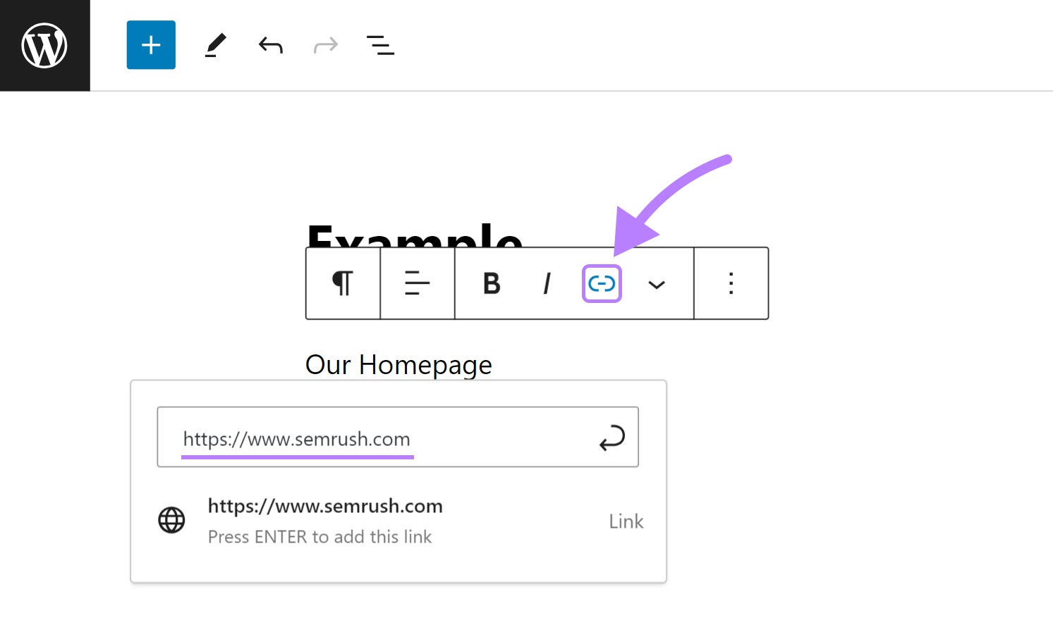 Linking "Our Homepage" text to "www.sr03.amztoolservice.com" in WordPress editor