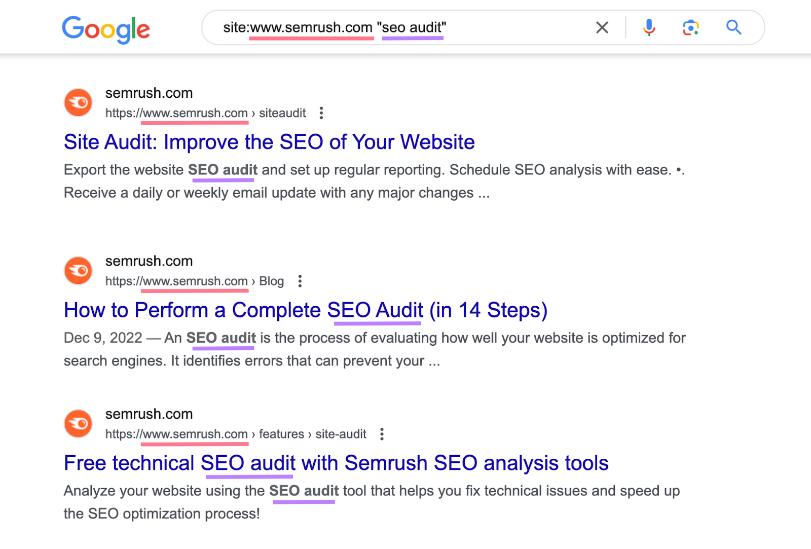 search for "site:www.sr03.amztoolservice.com "seo audit"" shows list of urls on semrush with keyword mentioned