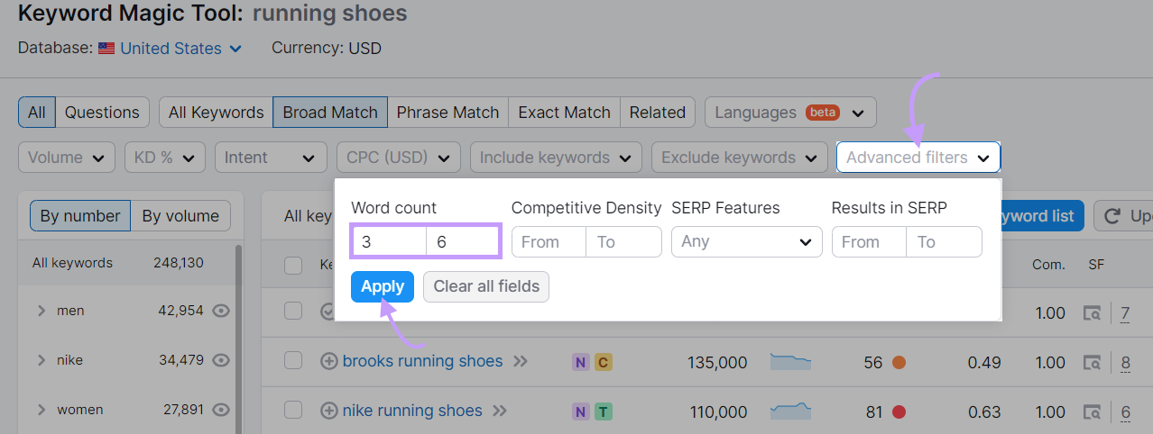 Applying advanced filters in Keyword Magic Tool
