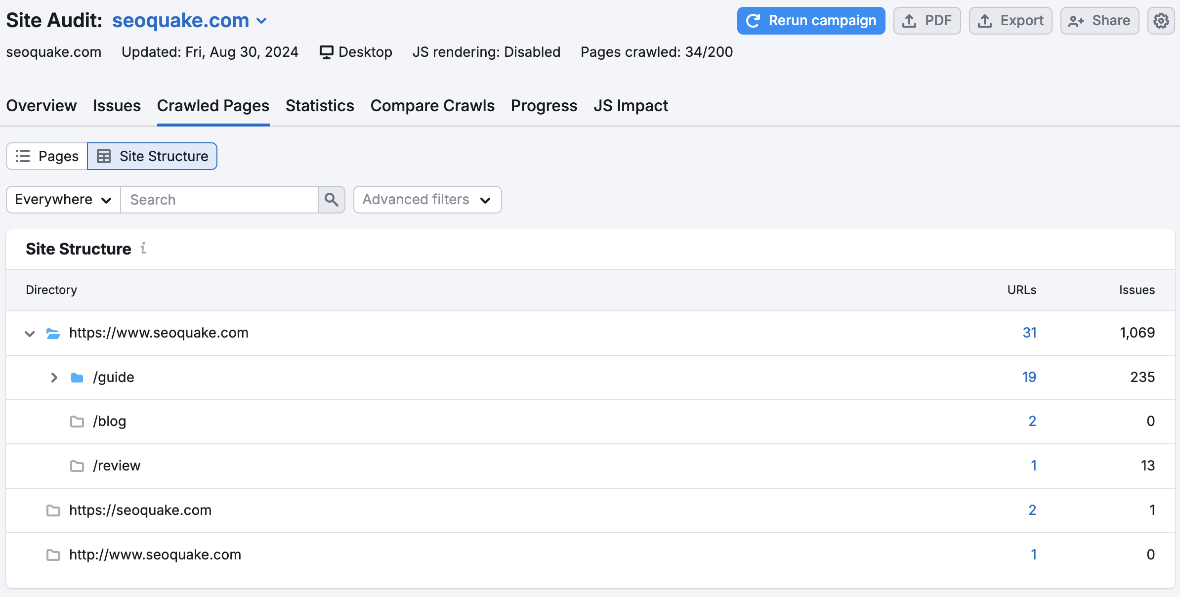 The Site Structure view with the Crawled Pages report in Site Audit.